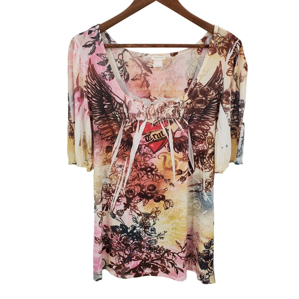Maurices L Y2K Wing Graphic Boho‎ Grunge Edgy Tattoo Print Flowy Tunic Top